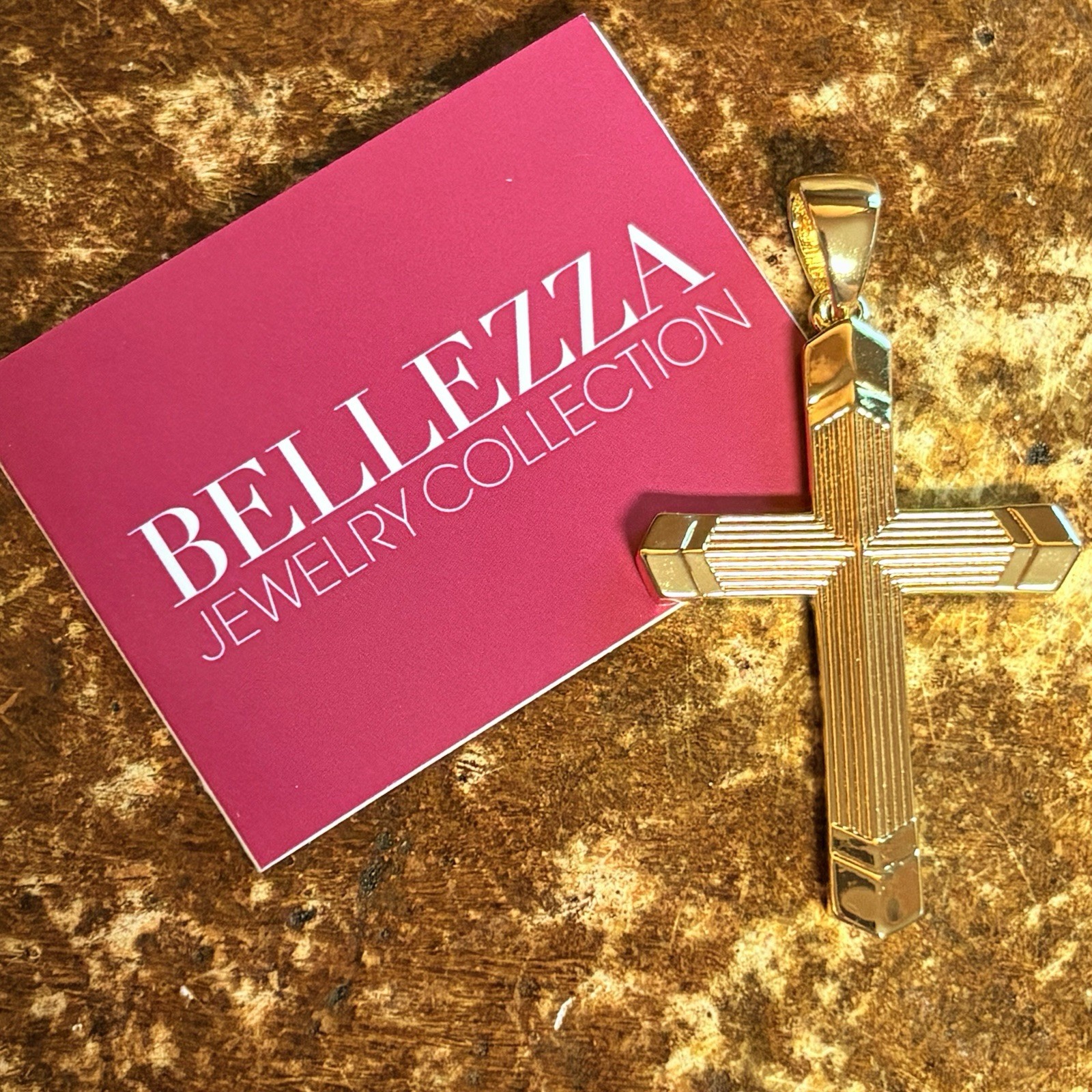 Italian Itaor Bellezza Cross Pendant Gold Plated w/ Line Texture Made in Italy