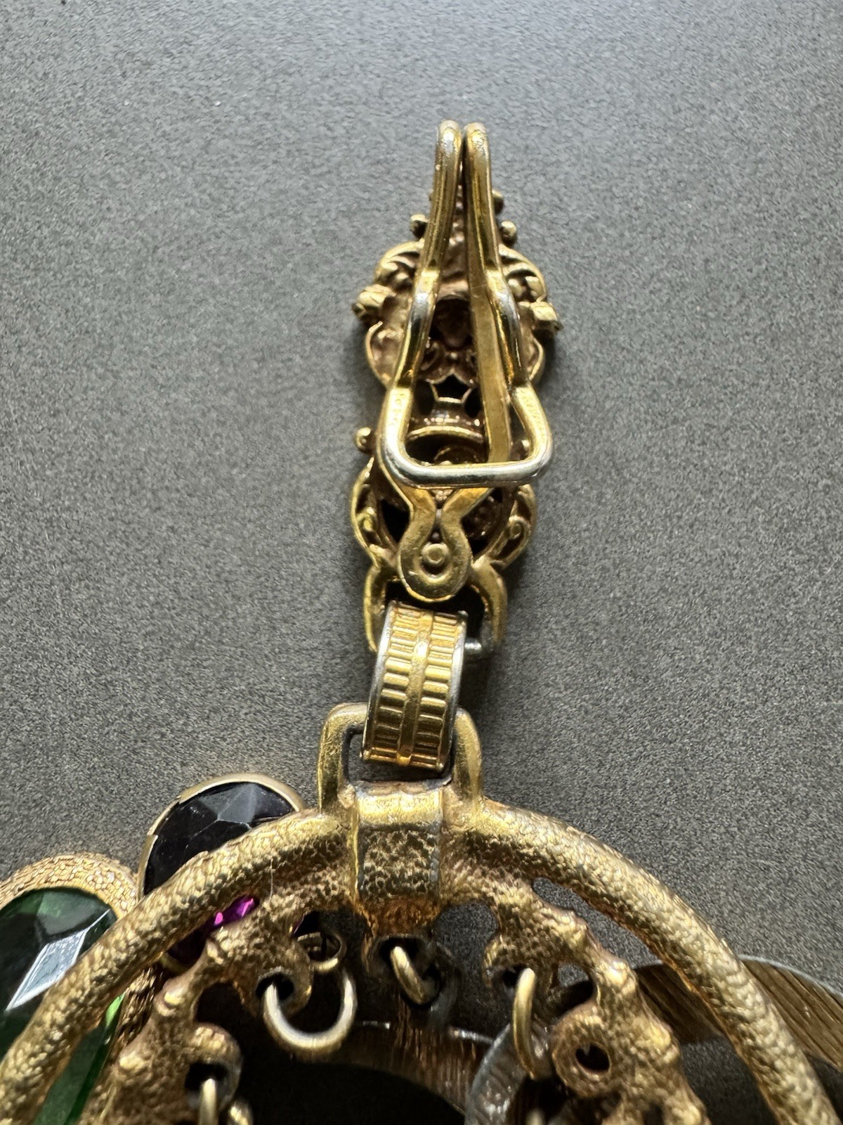 VTG ART Large Pendant/belt Charm Clip Clover Moon Clock Green Purple