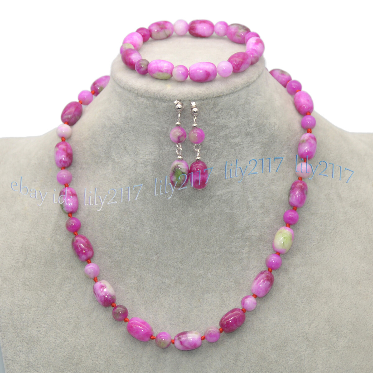 10x14mm Barrel 8mm Round Red Green Multicolor Jade Necklace Bracelet Earring Set
