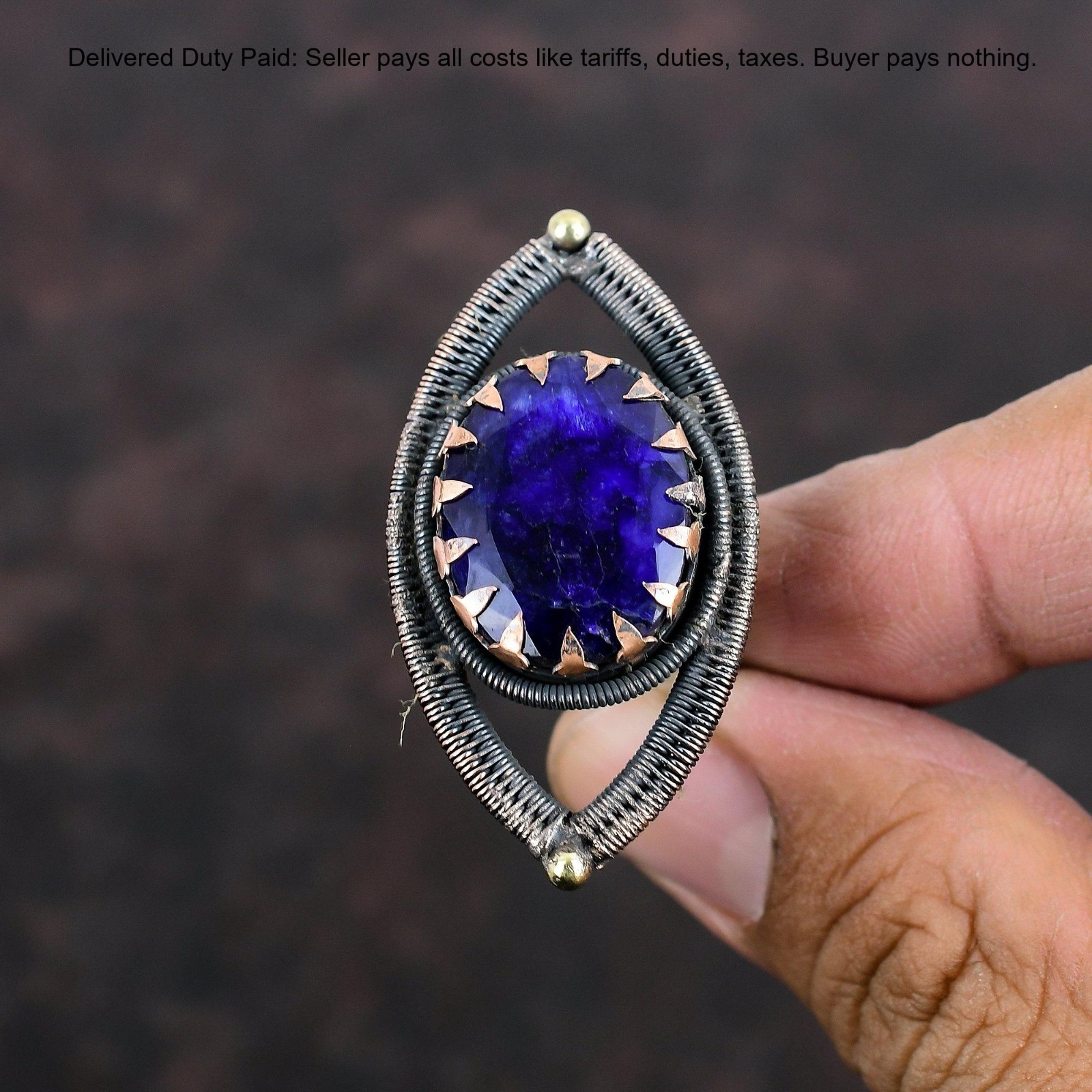 Oval Blue Saphire Stone Copper Statement Wedding Wire Wrapped Promise Wife Ring