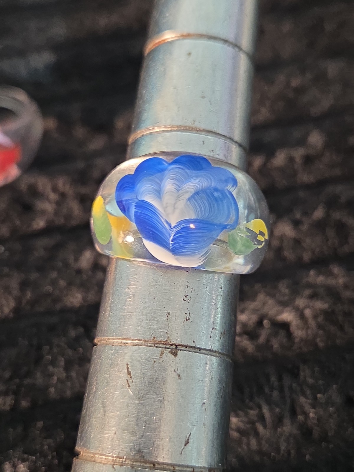 5 Plastic Resin Rings Multicolor Flower Ring Clear Band Handmade Painted Size 10