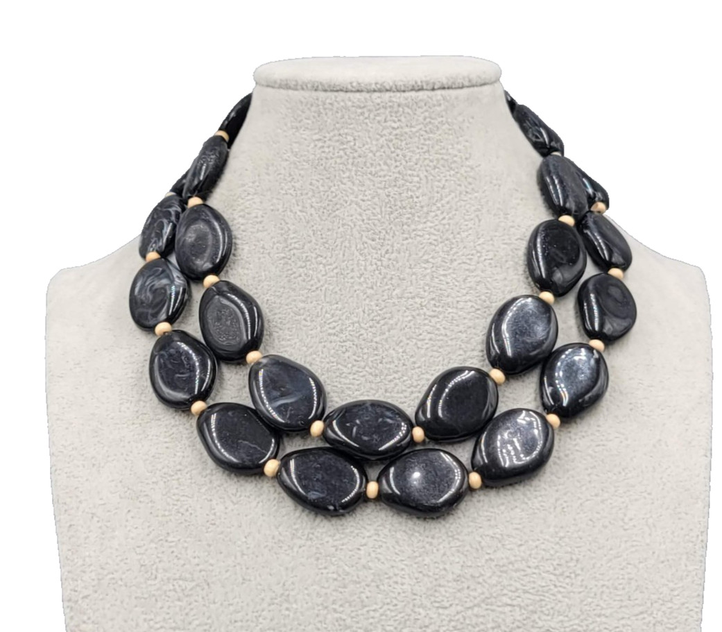 Flat Black Acrylic Bead Necklace Double Strand Silver tone Adj 16″-18″