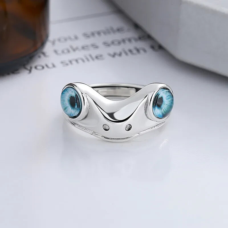 Cute Frog Blue Eye Silver Ring, Adjustable Size, Toad, Fun