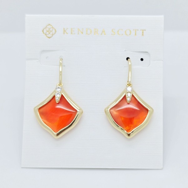 New Kendra Scott Joelle Gold Drop Earrings in Orange Banded Agate