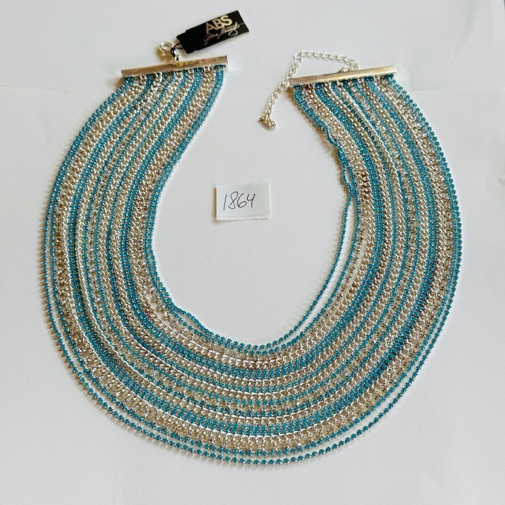 ABS Allen Schwartz Runway Necklace Blue Rhinestone Crystal Multi 19 Rows Blue
