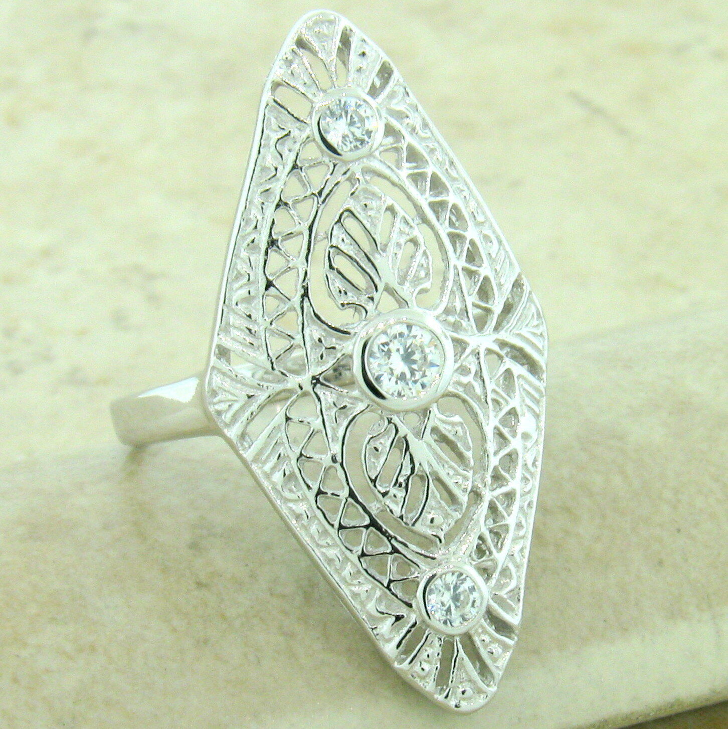 ART DECO DESIGN 925 STERLING SILVER RHODIUM FINISH CLASSIC STYLE CZ RING 1163Z