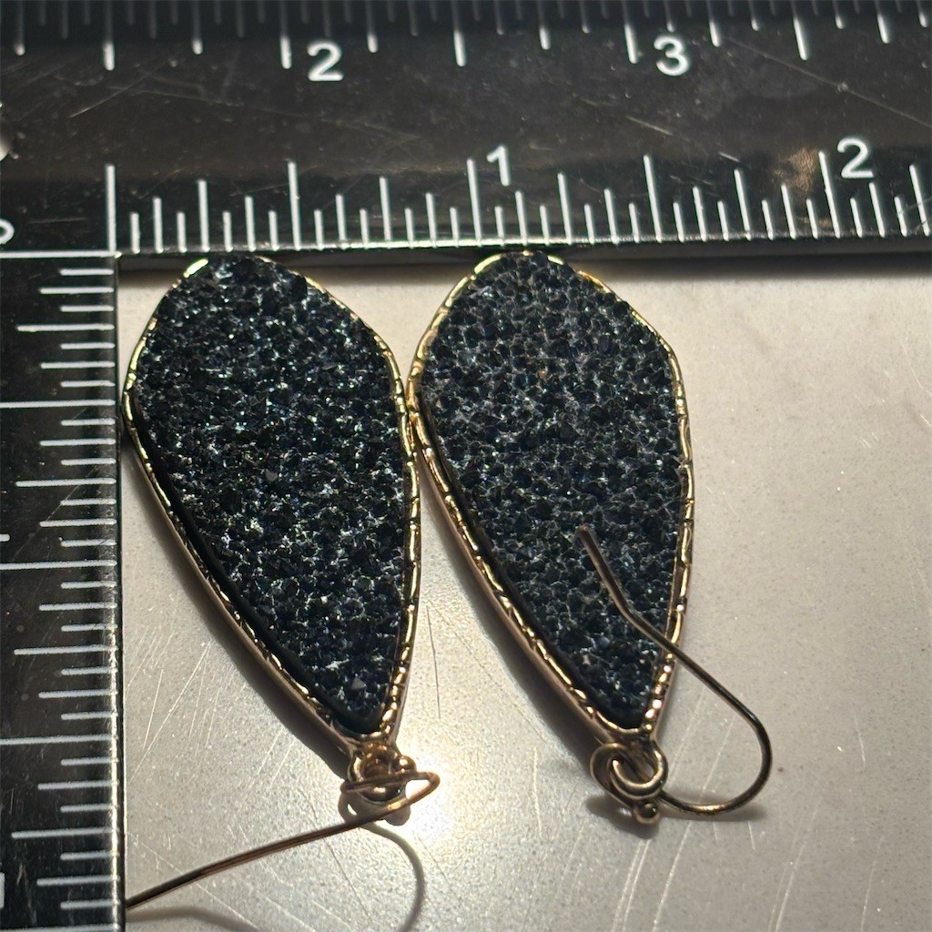 Teardrop Druzy Dangle Drop Earrings Black Gold Tone Hook 2in