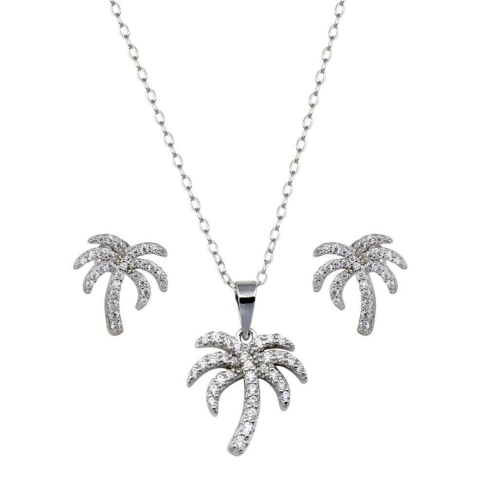 PALM TREE NECKLACE & EARRING SET W/ LAB CREATED DIAMONDS / 925 STERLING SILVER