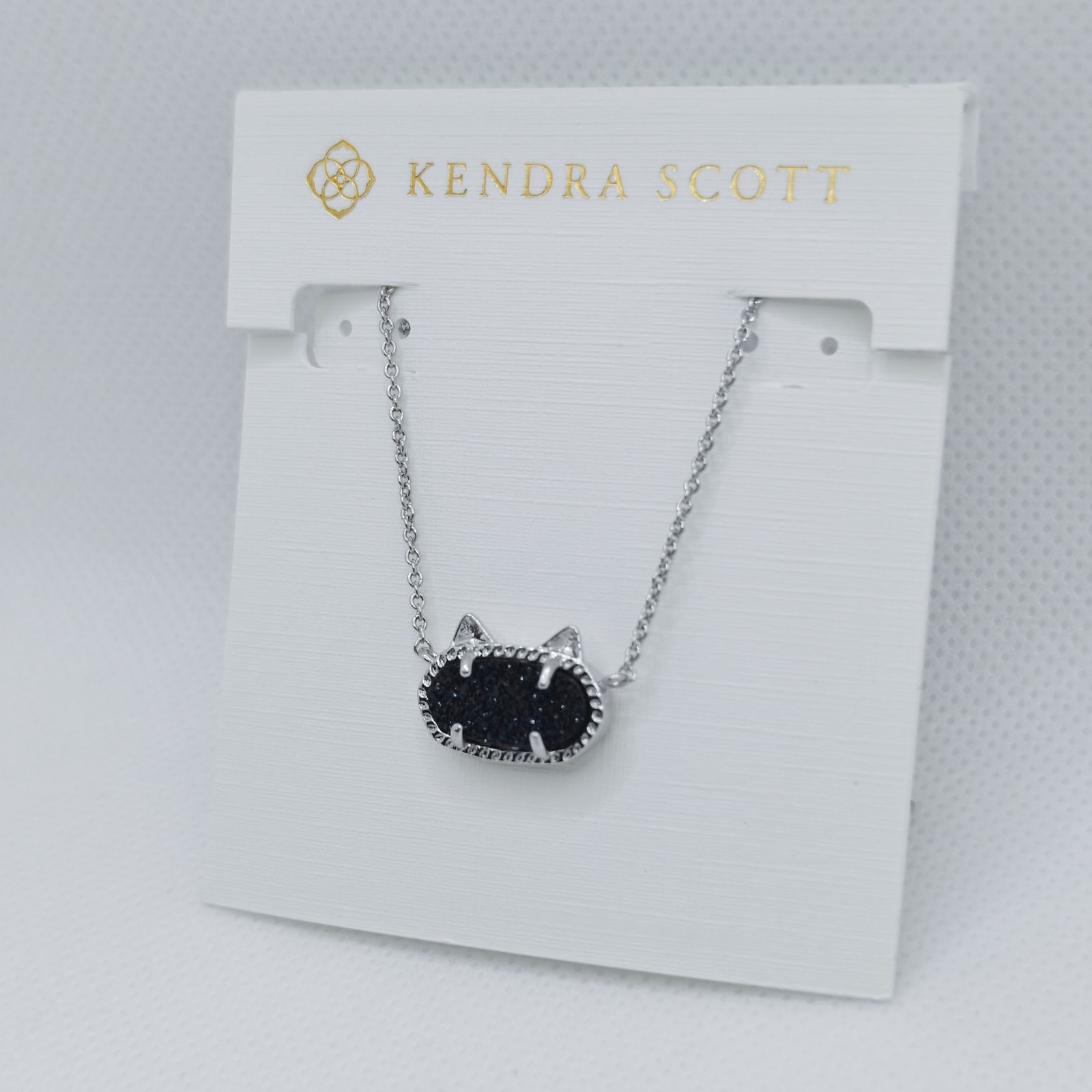 New Kendra Scott Elisa Silver Cat Kitty Pendant Necklace In Black Drusy