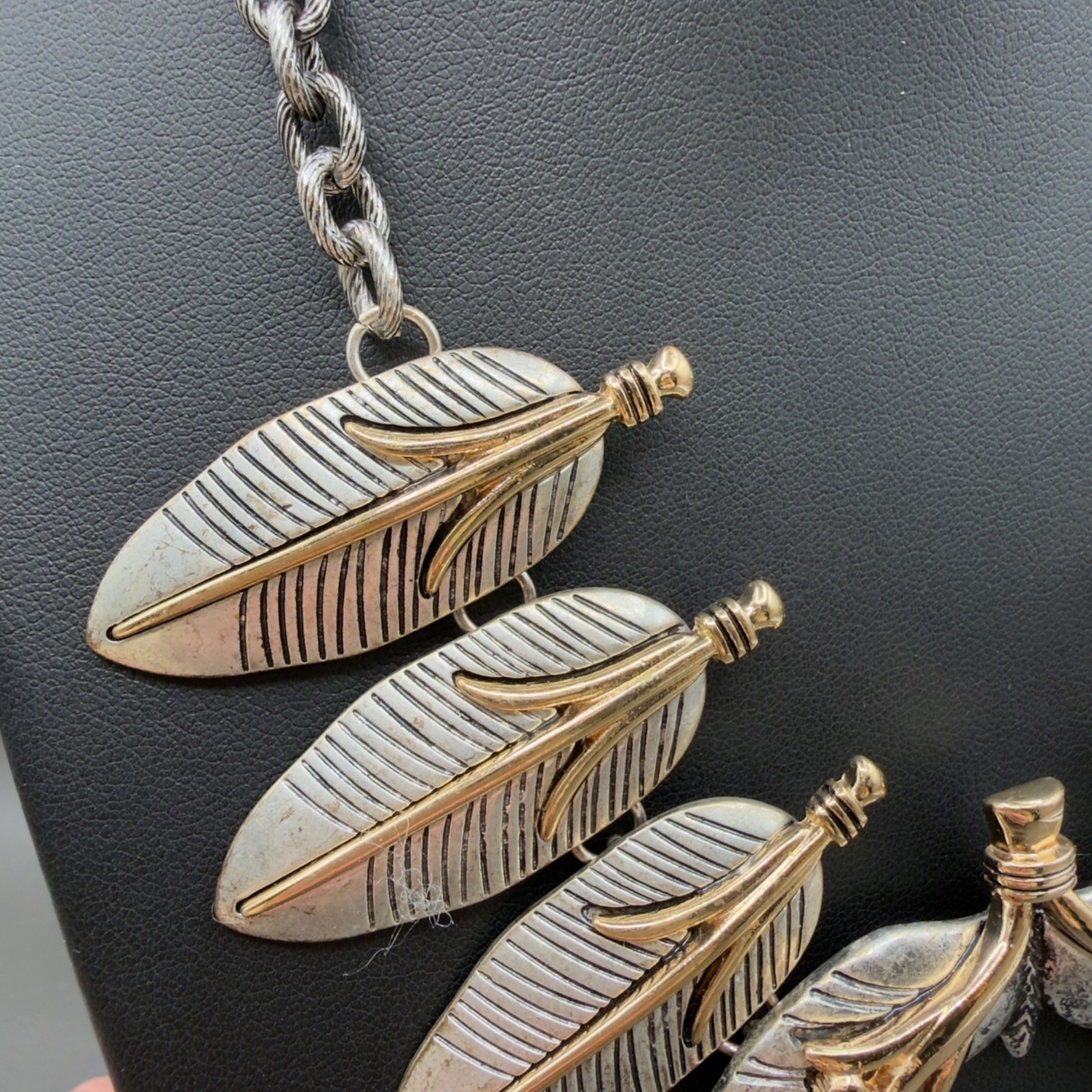 Mixed Metal Feather Boho Statement Necklace Earring Set Southwestern Chunky