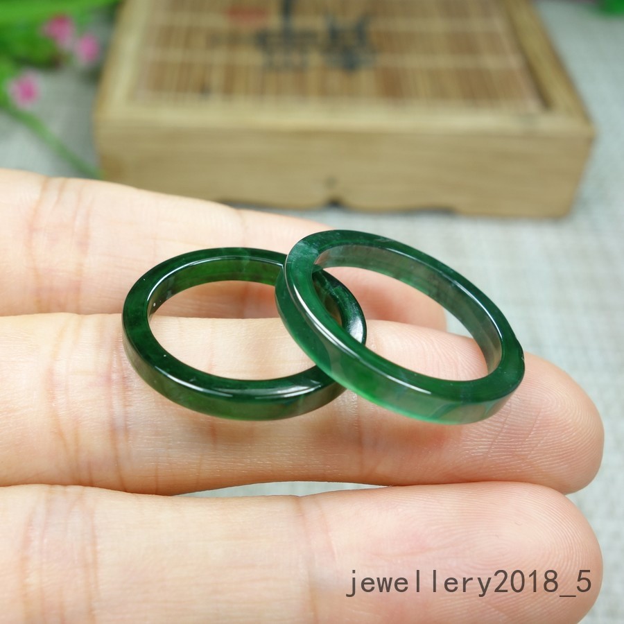 2Pcs Certified Green 100% Natural A jadeite Jade Ring 细条 戒指 指环 USA.6.5#-7.5#
