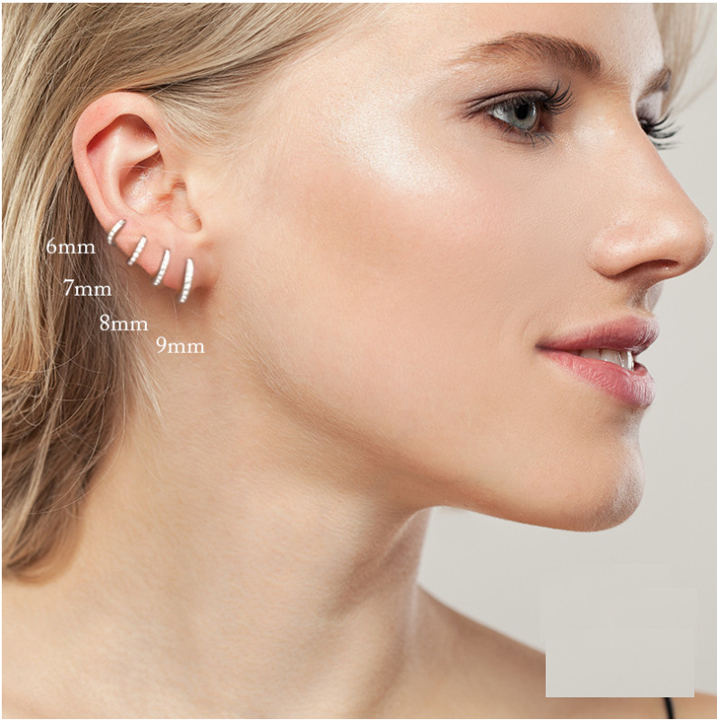 5/6/7/8/9mm 925 Silver Plated CZ Huggie Hoop Small Earrings Men & Women 2Pcs TH2