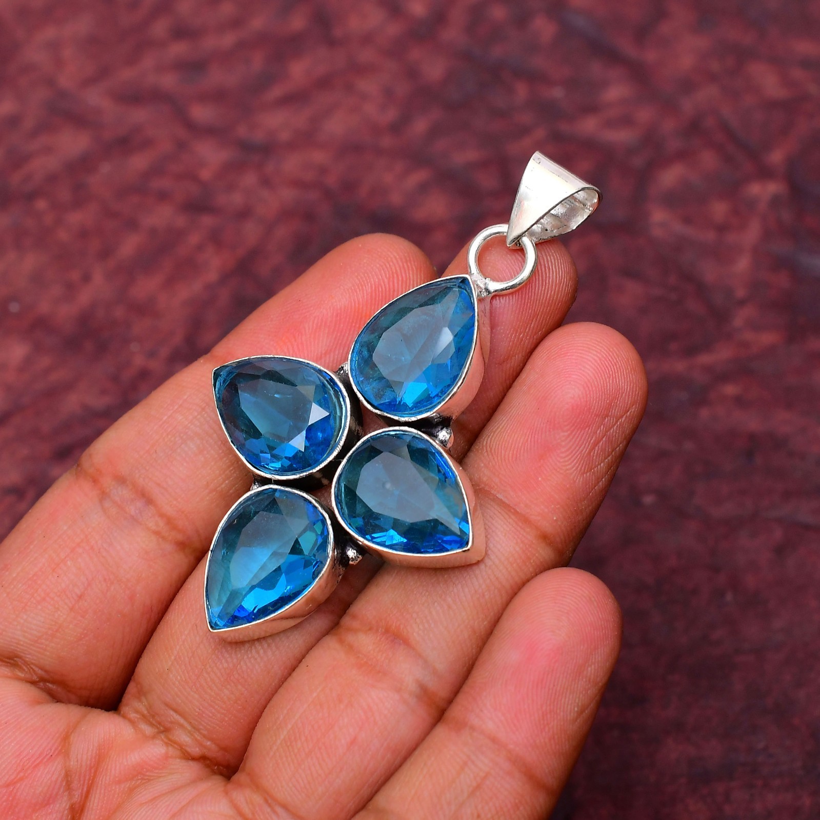 Blue Topaz Gemstone 925 sterling silver Handmade Cross Pendant jewelry 2.28″