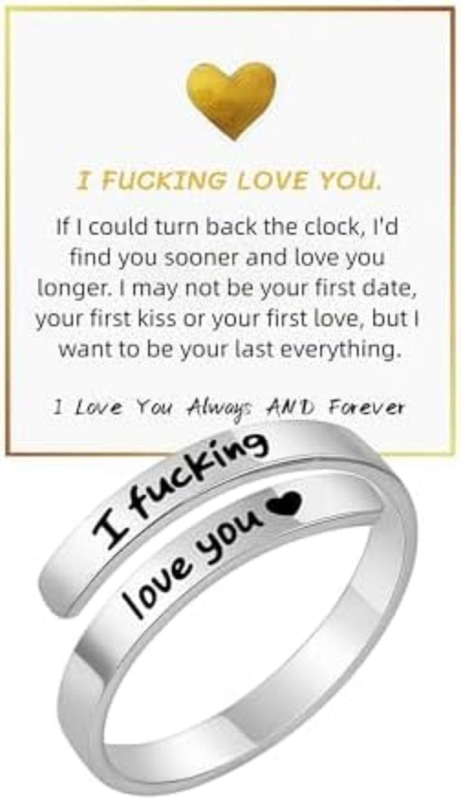 I Fcking Love You Ring, Stainless Steel Engraved Inspirational Words Heart Open