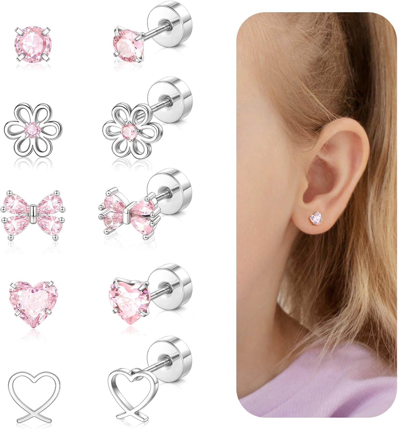 Hypoallergenic Screw Back Earrings Girls Kids Surgical Steel CZ Studs