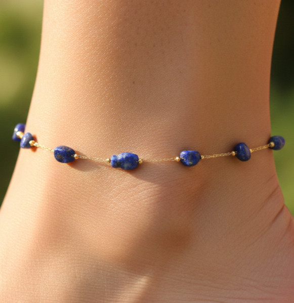 Boho Handmade Gold Color Plated Brass Anklet with Blue Lapis Color Stones