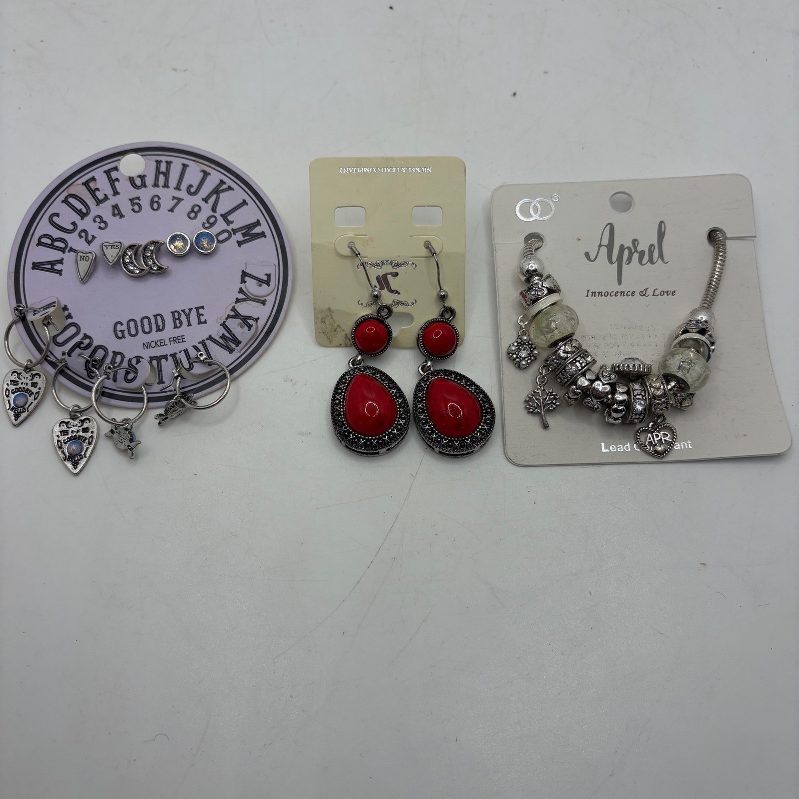 Witchy Ouija Planchette Heart Hoop Earrings Red Stone Dangle Charm Bracelet Set