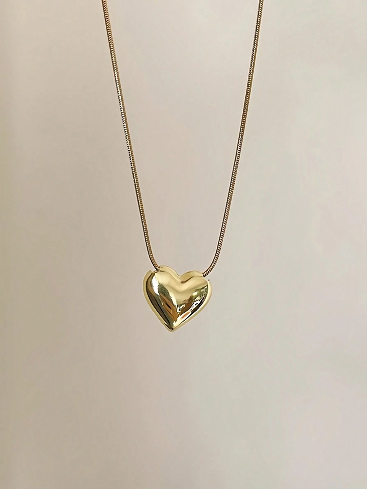 3D Puffy Heart Pendant Necklace Snake Chain Minimalist Jewelry Women Gold Silver