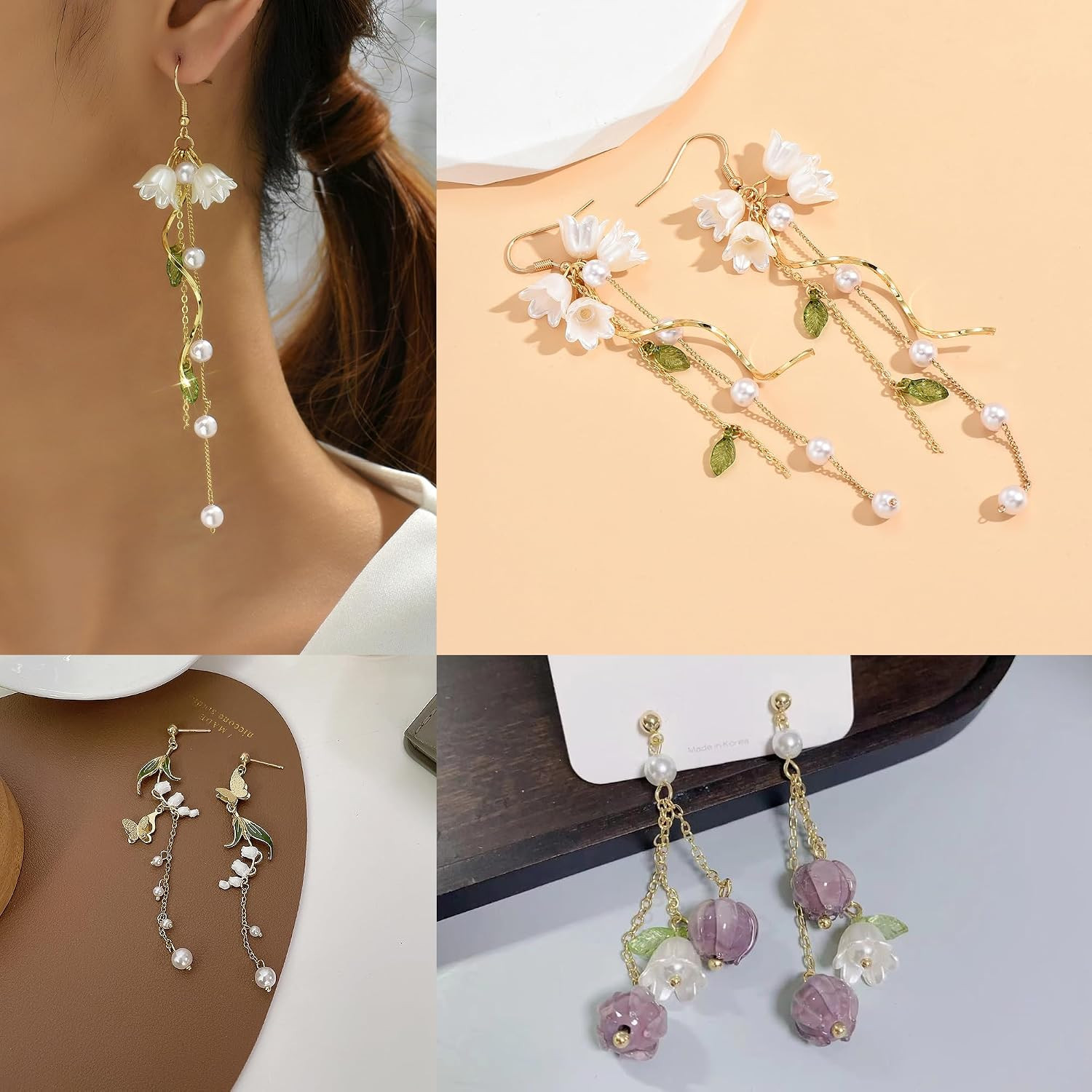 9 Pairs Floral Earrings Set Inspired Long Dangle Flower Leaf Designed Earrings w