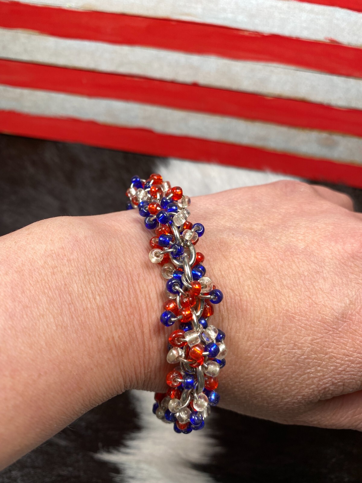 RWB Bracelet Seed Bead Bracelet Cha Cha 4th of July Patriotic Toggle Bracelet