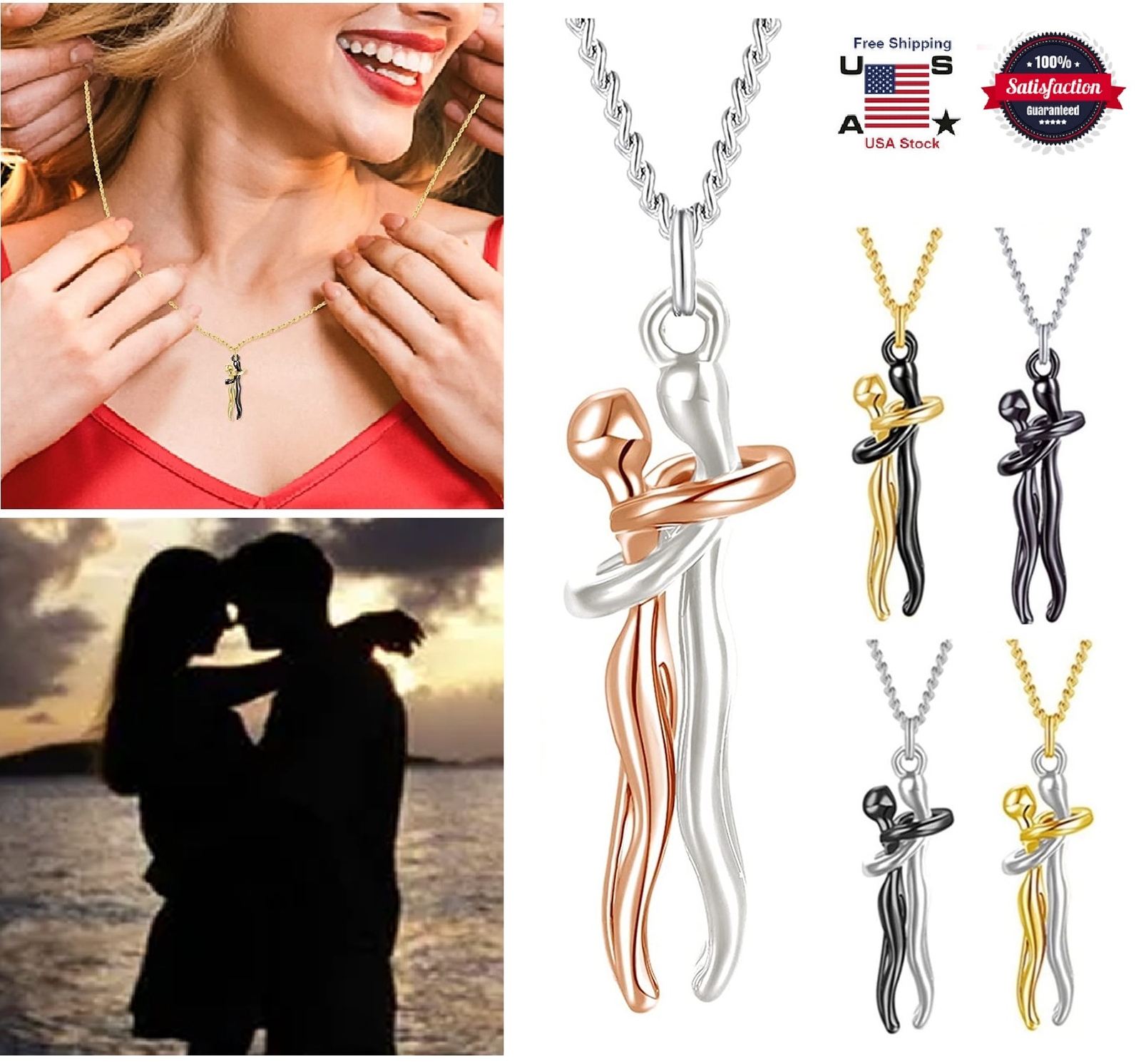 Couple Affectionate Hug Embrace Pendant Necklace Women Valentine’s Day Gifts US