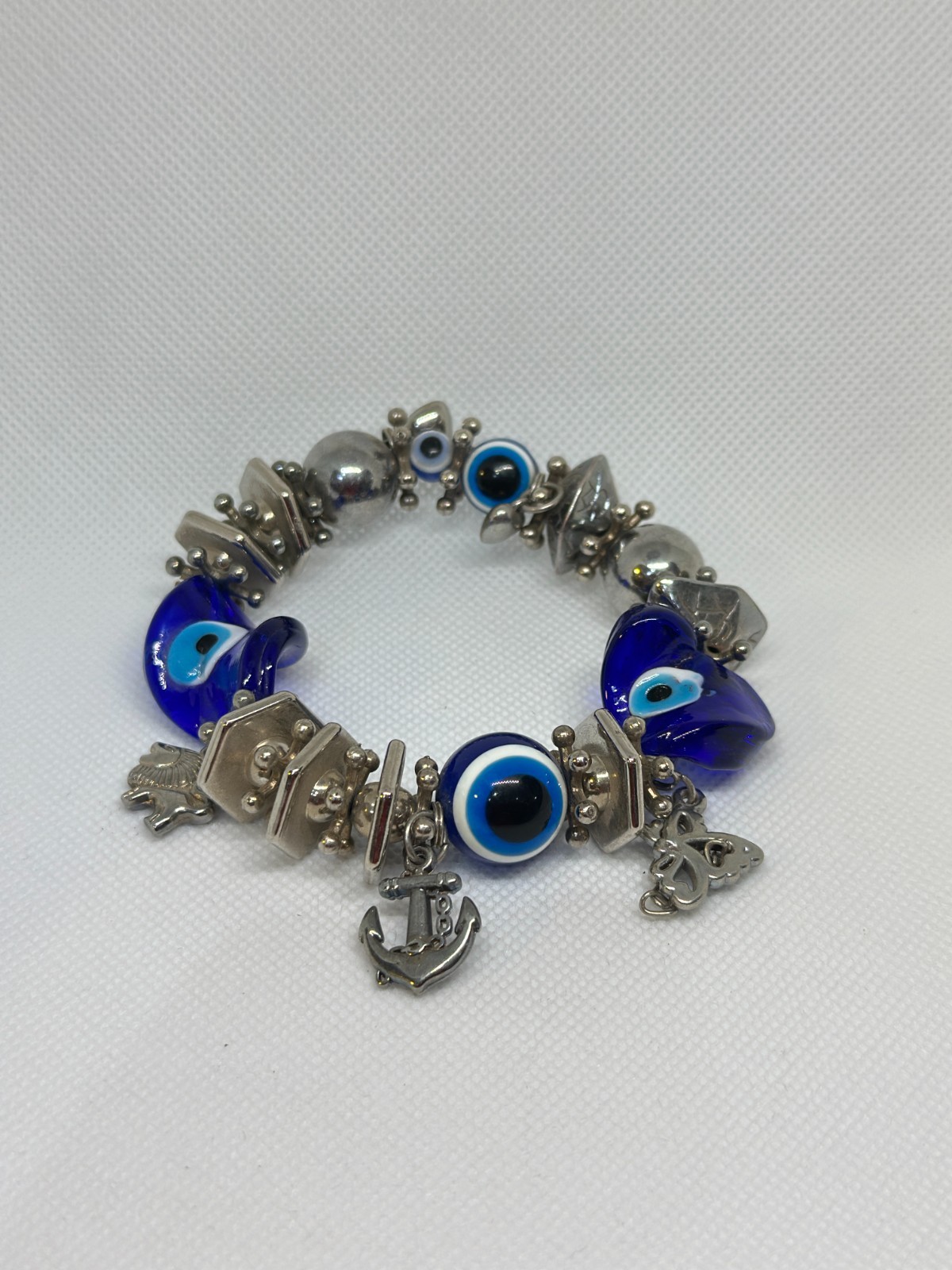 VINTAGE EVIL EYE CHARM BRACELET BLUE GLASS BEADS STAINLESS STEEL BOHO AMULET