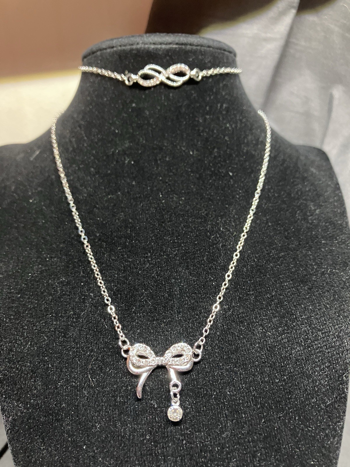 Womens stainless steel cz double bow necklace with infinity cz anklet/bracelet