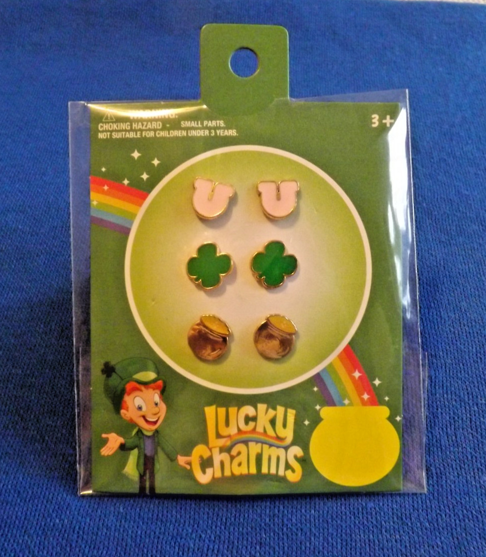 Lucky Charms earrings 3 pack Cereal General Mills 4 Leaf Clover Pot Of Gold