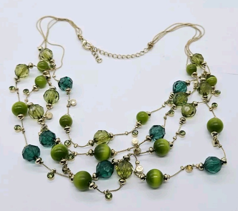Green & Gold Beaded Layered Necklace Gold Tone 4 Row Faux Cat Eye 18 in