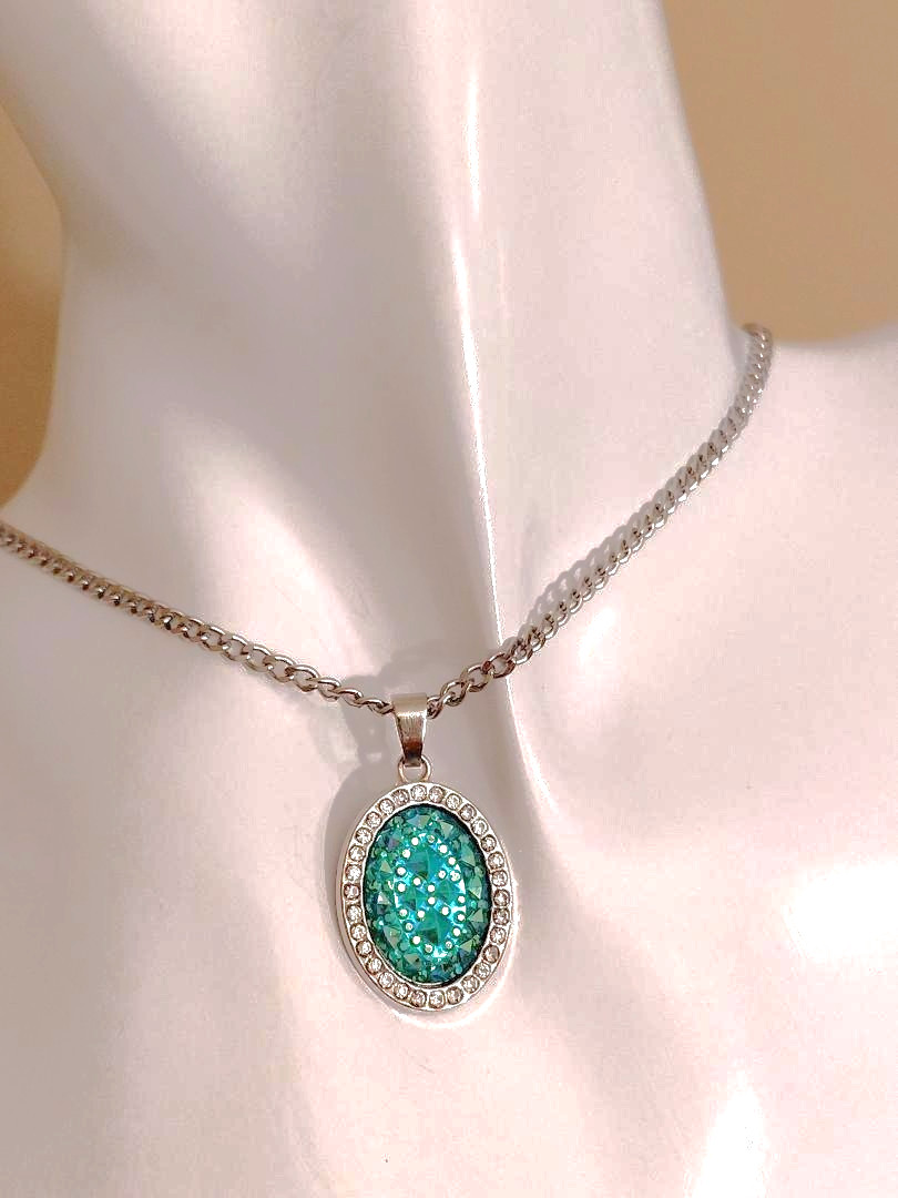 Turquoise Resin Druzy Pendant in Stainless-Steel 13x18mm With Rhinestone Halo