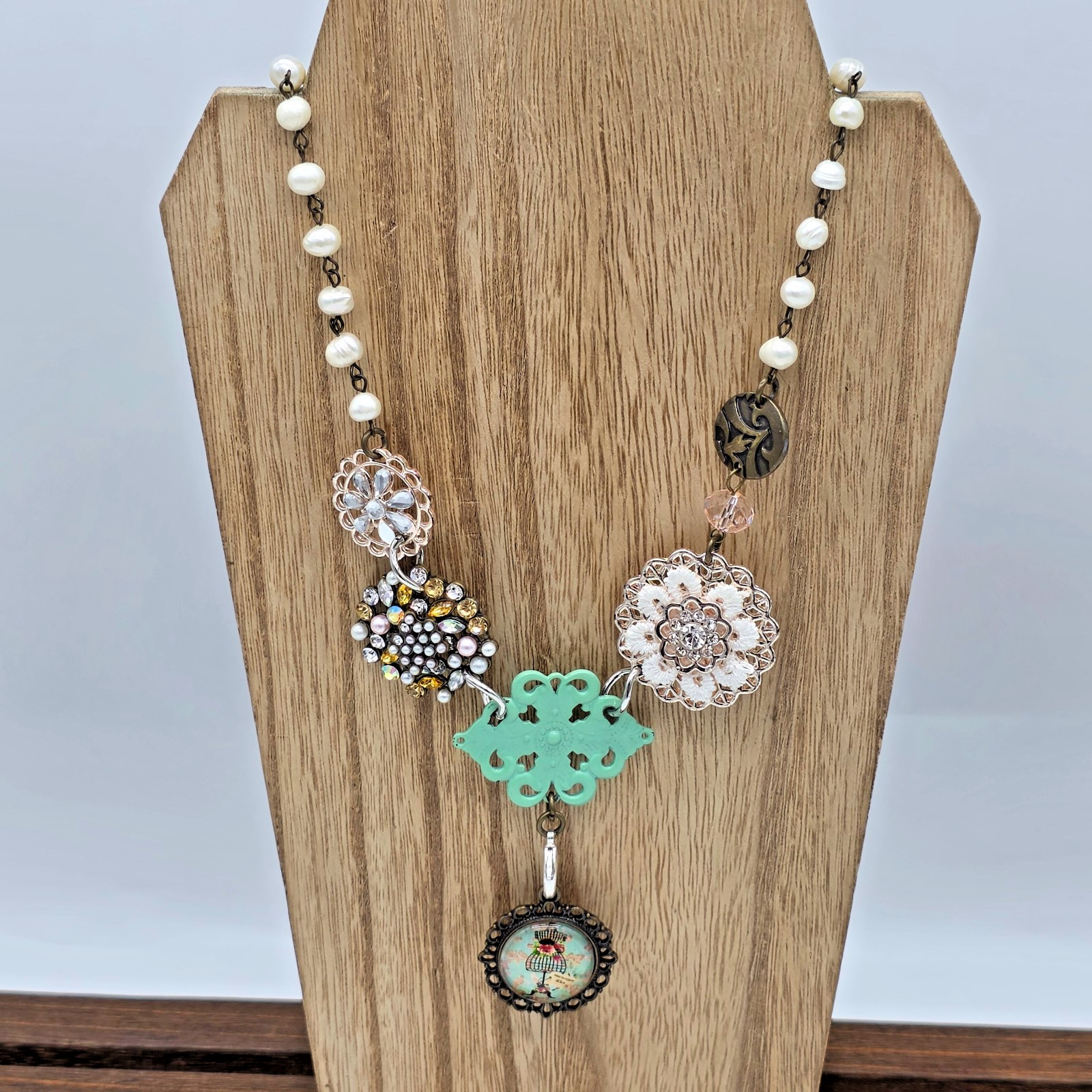 Plunder MARY Antique Bronze Pearl Crystal Flower Dress Mannequin Necklace 20”