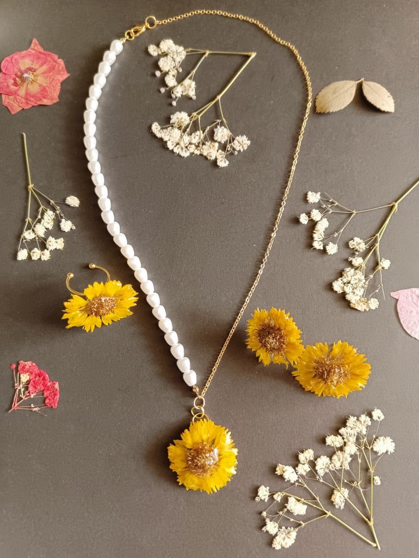 Real Pressed Sunflower Daisy Necklace Dangle Earrings Set Aesthetic Jewelry Gift