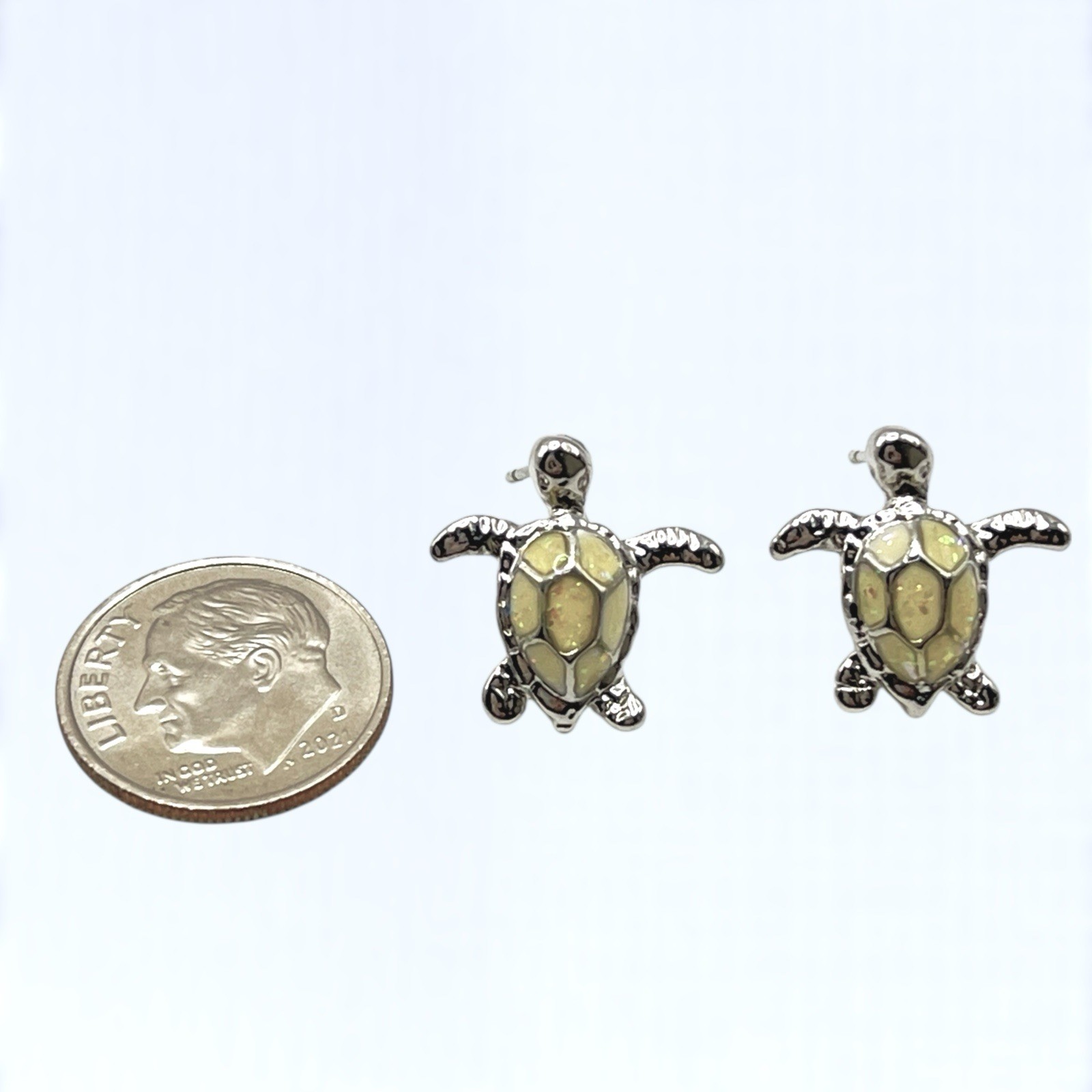 Sea Turtle Earrings Stud Silver Tone Cream Glitter Inlay Beach Tropical Vacation