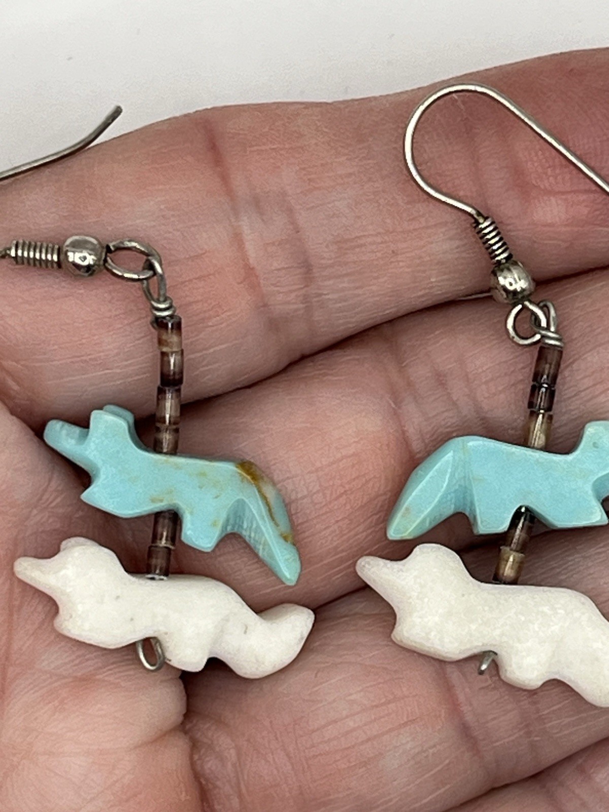 Native American Drop Hook Earrings Turquoise & White Multicolor Animals