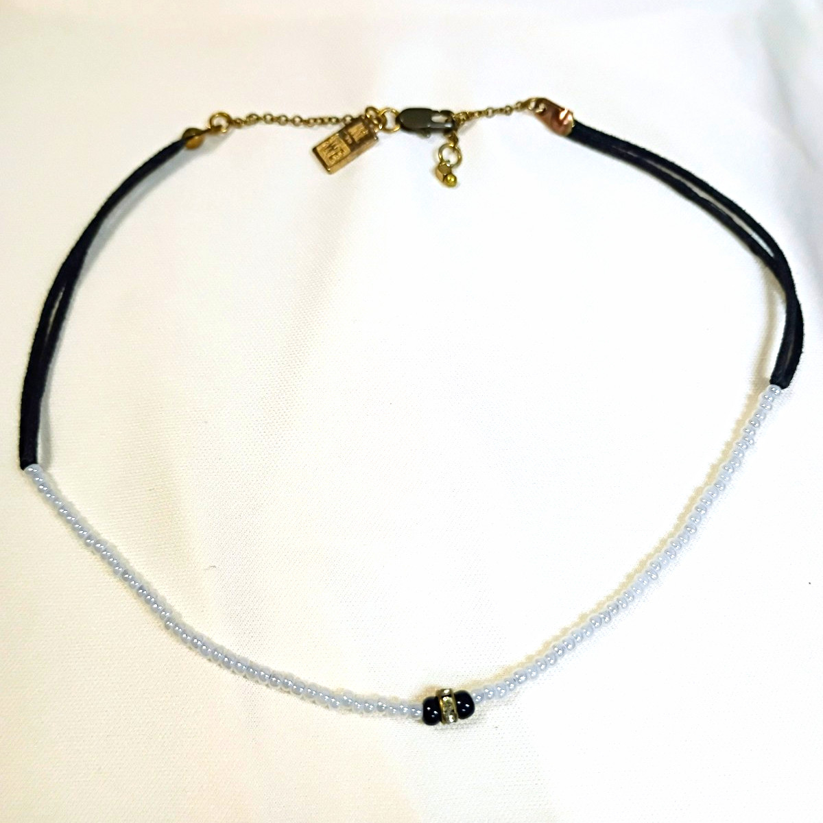 Black & White Beaded Necklace Black Cord Cable Chain Lobster Clasp Adjustable