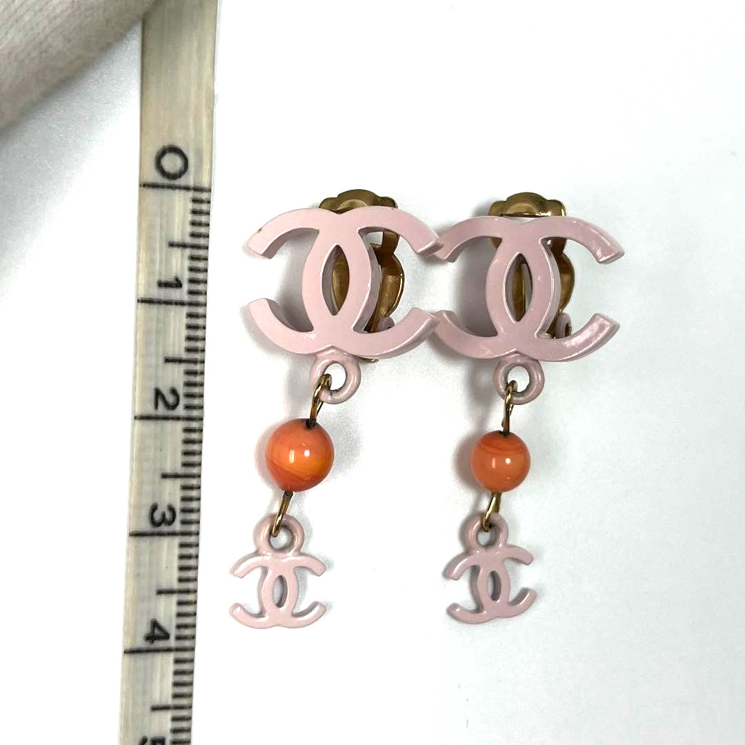 CHANEL 03S Pink CC Logo Dangle Clip On Earrings Orange Vintage Auth