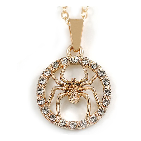 18mm D/ Clear Crystal Spider Pendant with Chain in Gold Tone – 40cm L/ 4cm Ext