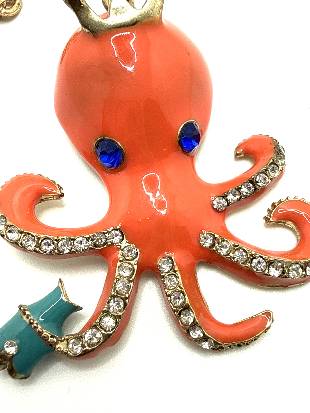 BETSEY JOHNSON Orange Enamel Octopus Pendant Necklace Blue Fish Clear Crystals