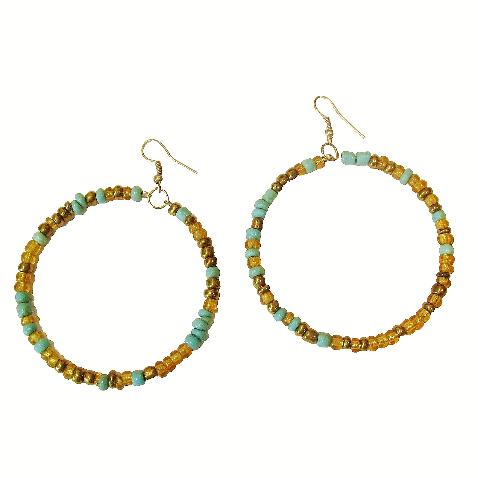 2″ Aqua Blue Gold Color Round Hoop BOHO Handmade Seed Bead Dangle Earrings