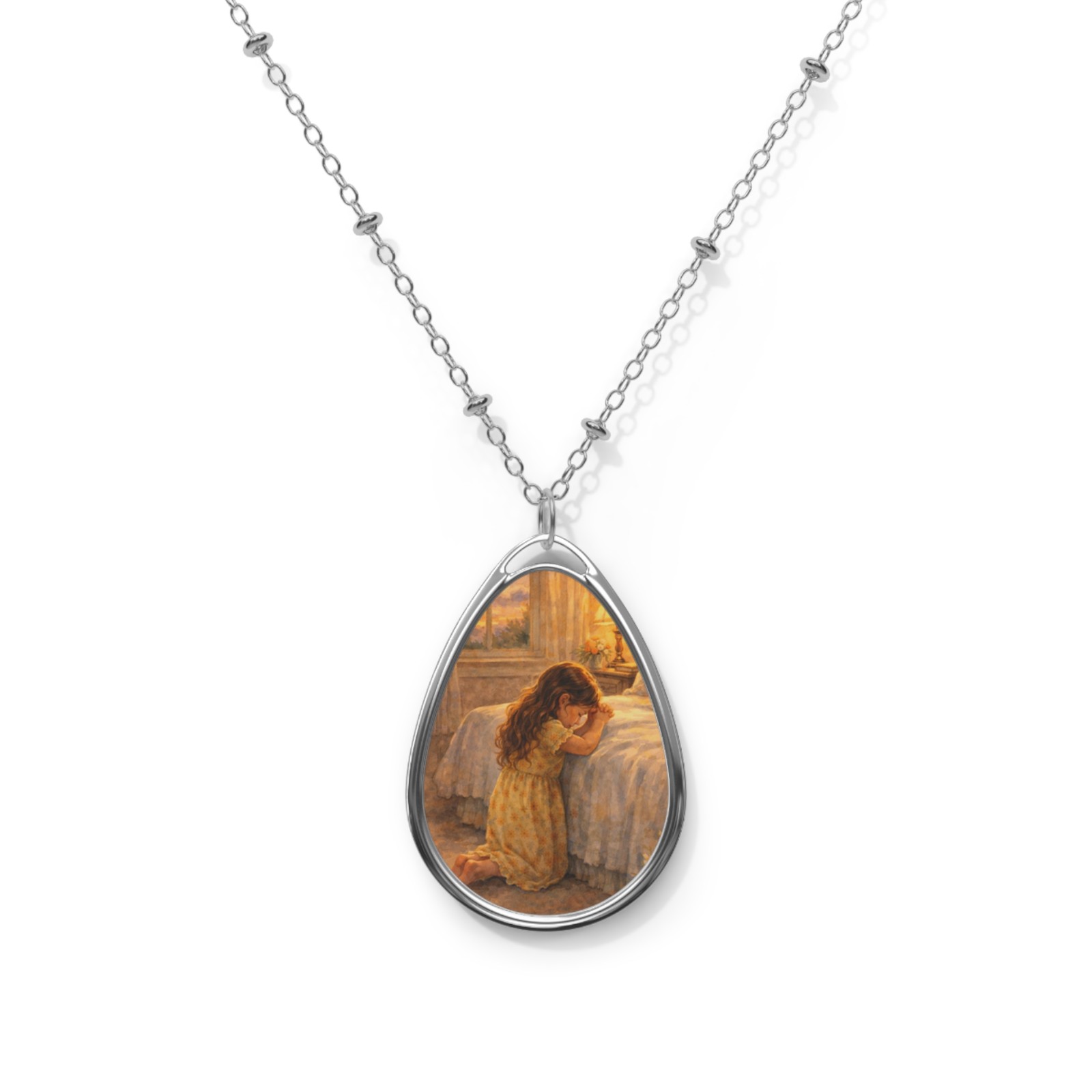 Girl Praying Oval Necklace Teardrop Pendant with hand painted Art Confirmation