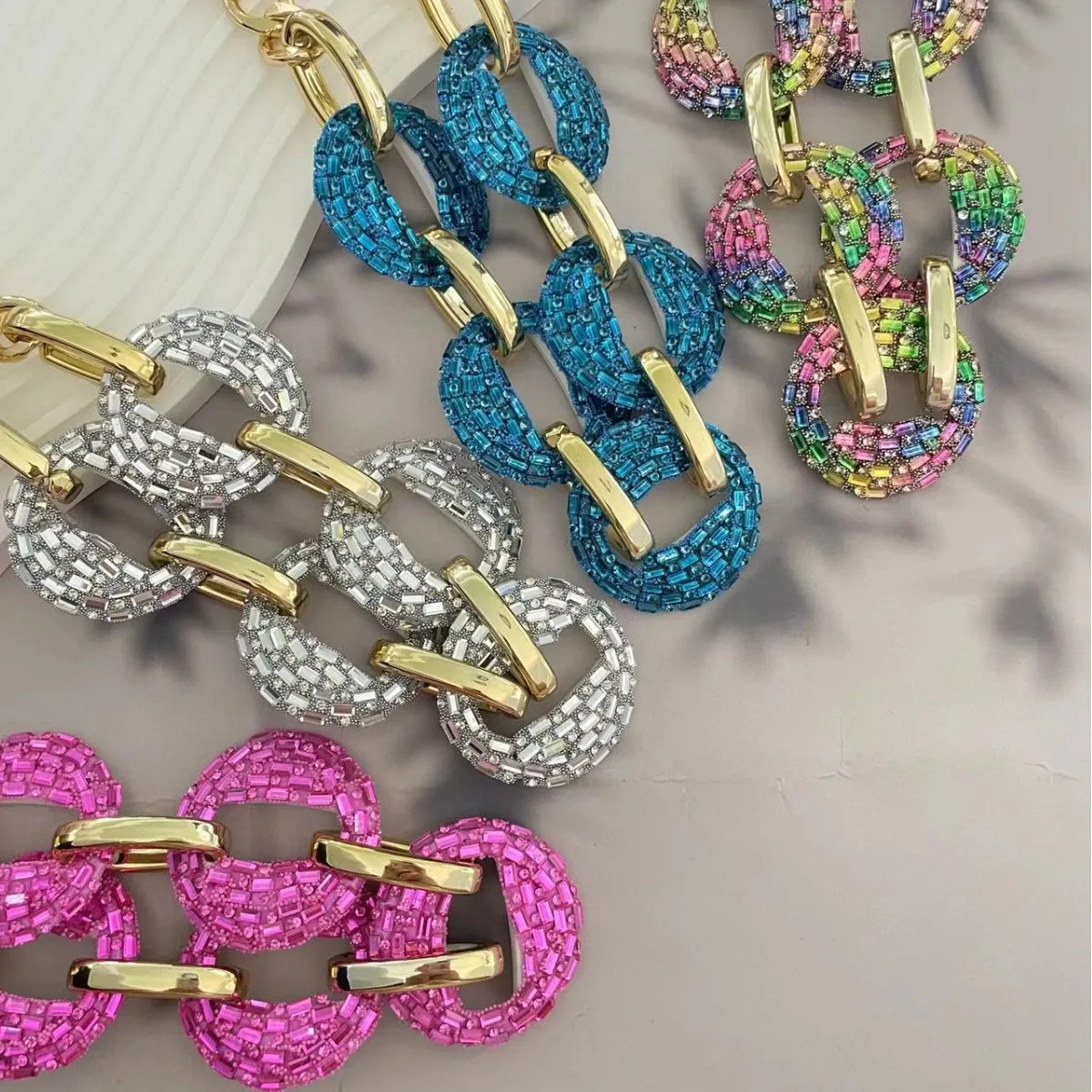 Fashion Exaggeration Punk Hip Hop Colorful Rhinestone Chain Geometry Necklace Go