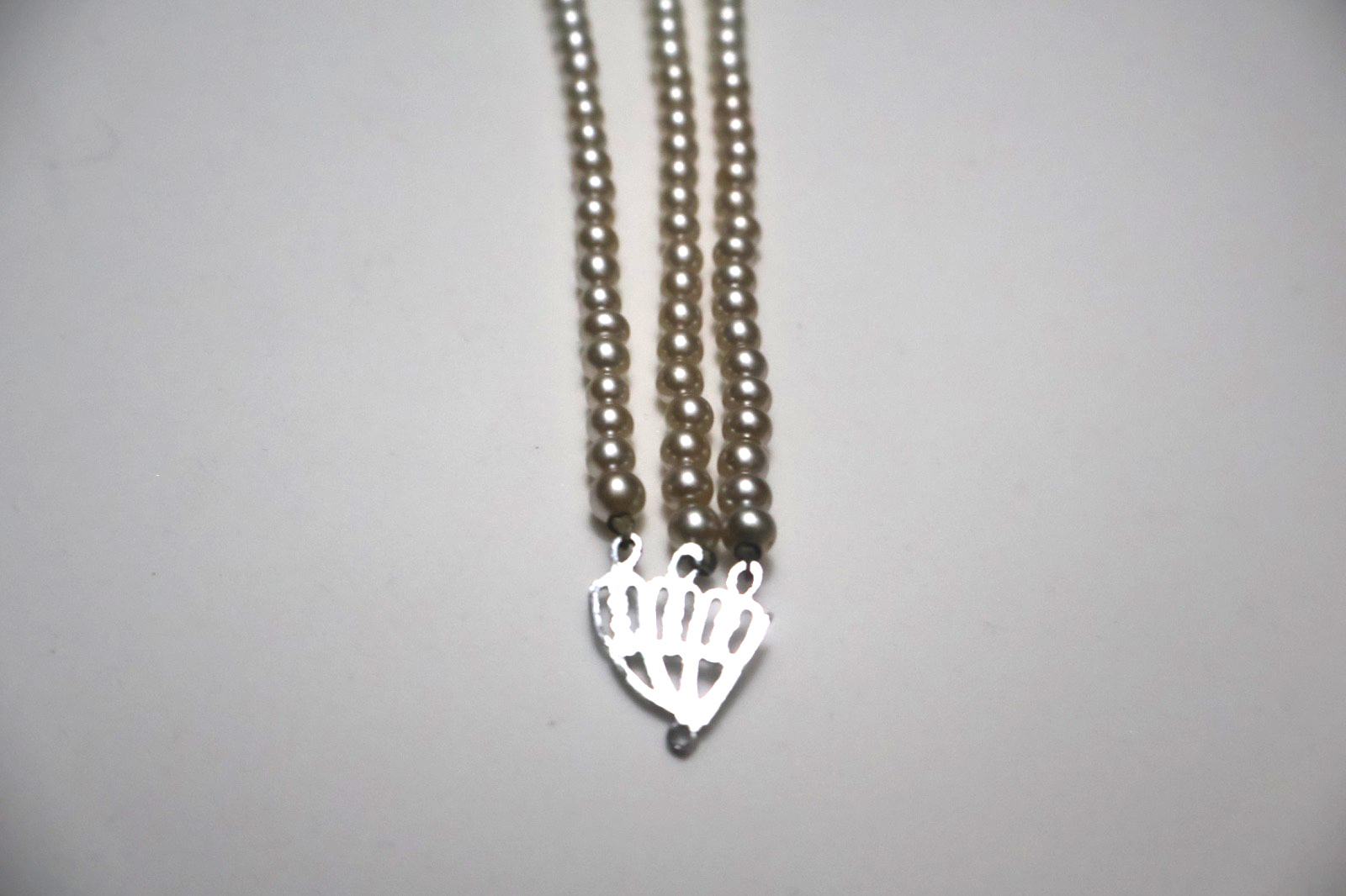 Vintage 3 Strand Graduated Faux Pearl Necklace Silver Tone Filigree Connector