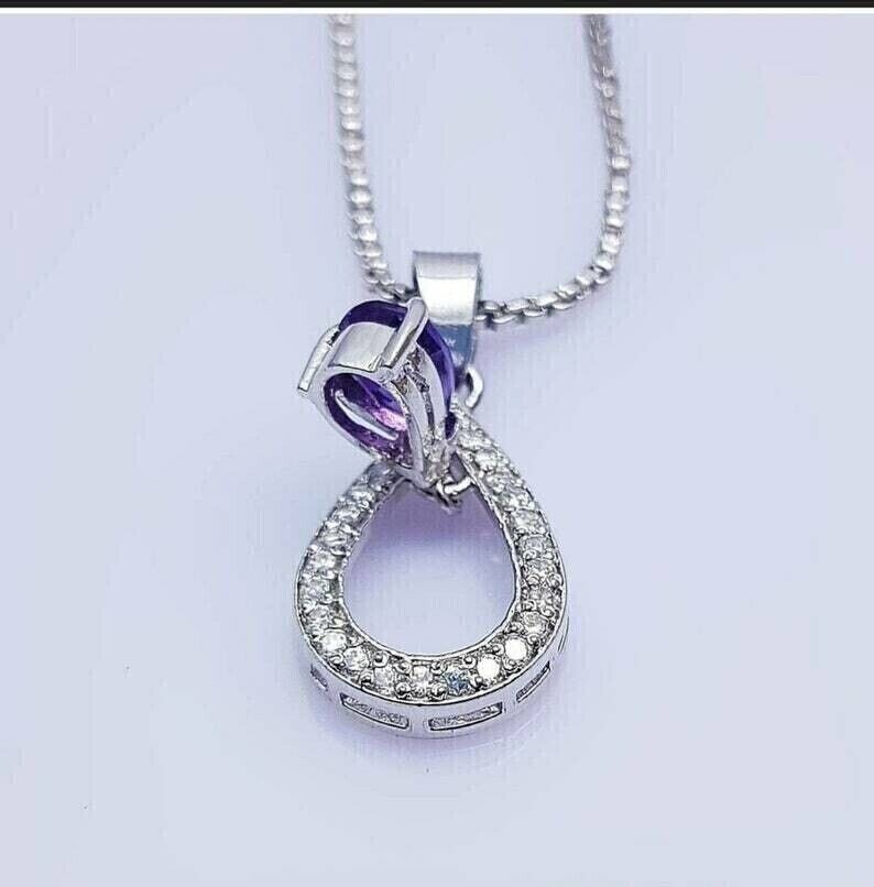 14K White Gold Plated In 2Ct Pear Cut Simulated Amethyst Women’s Charm Pendant