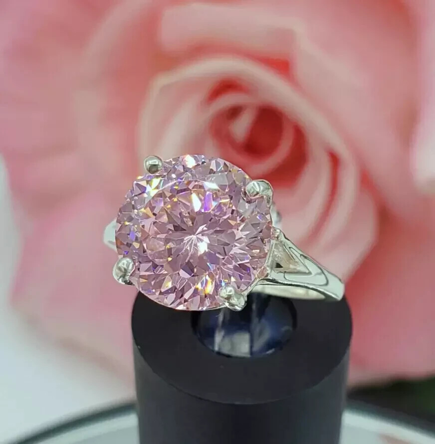 4.55 Ct Round Shape Pink Simulated Diamond Ring White Gold Plated
