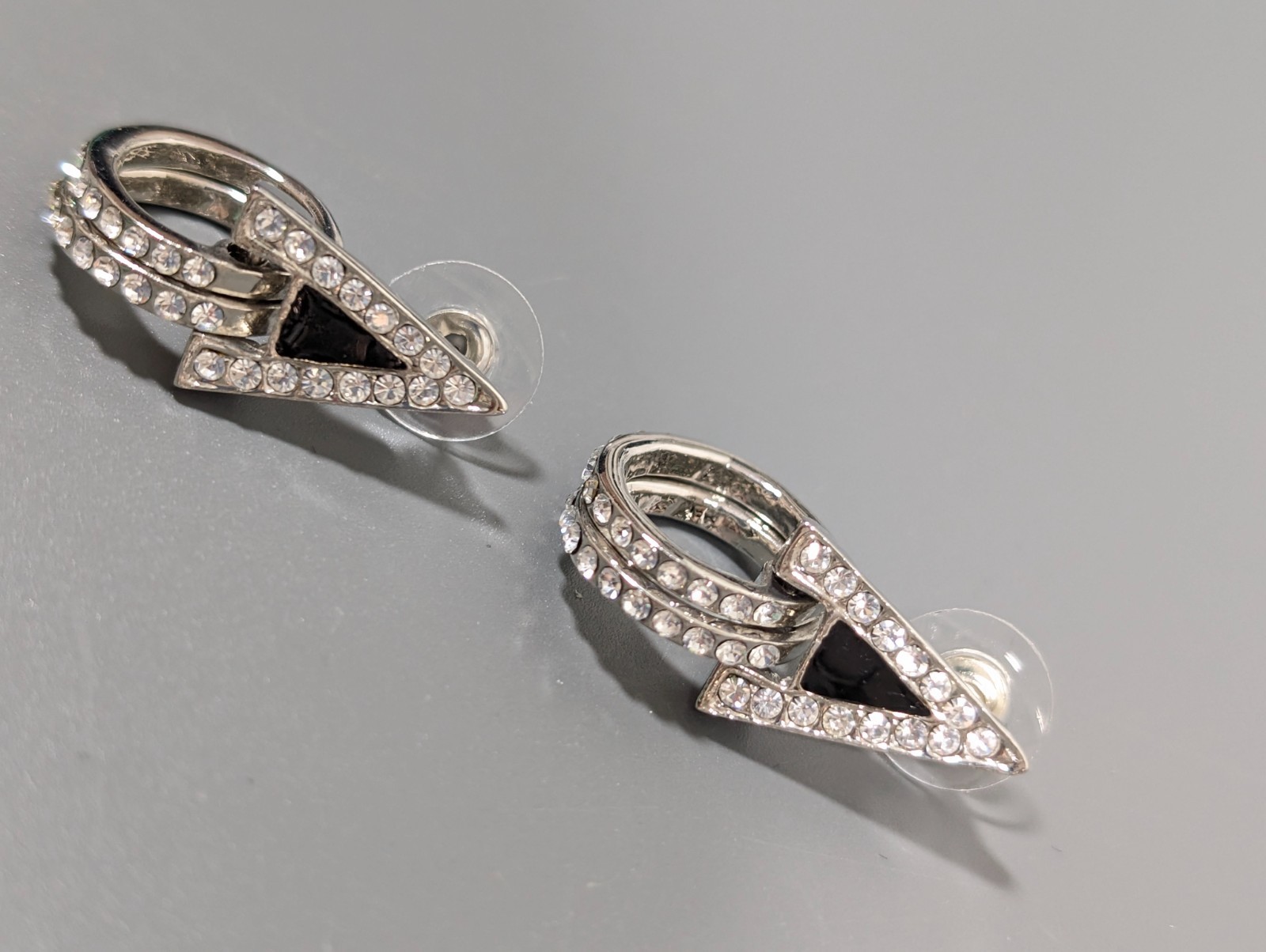 Retro Art Deco Black Triangle Rhinestone Pave Hoop Dangle Earrings