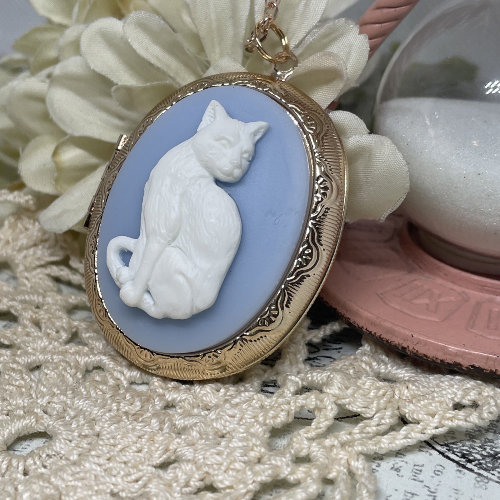 Rose Gold Blue Gothic Cat Photo Gift Cameo Locket Necklace anniversary birthday
