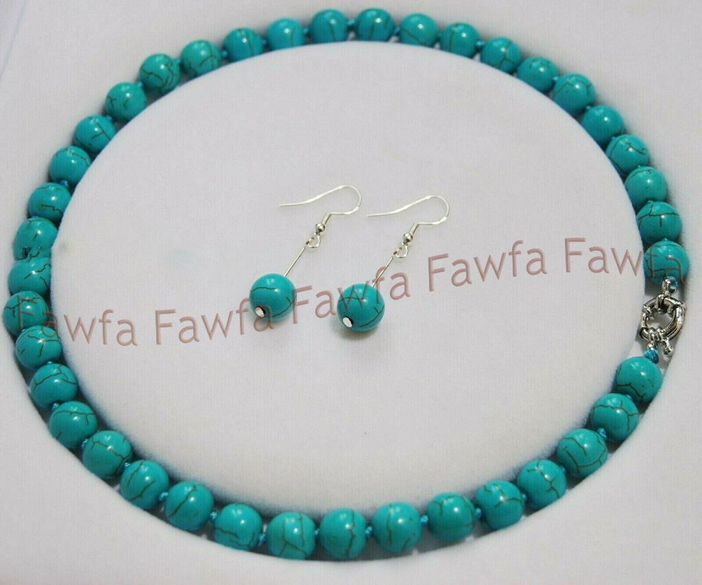 6/8/10/12mm Natural Blue Turquoise Gemstone Round Beads Necklace Earrings Set