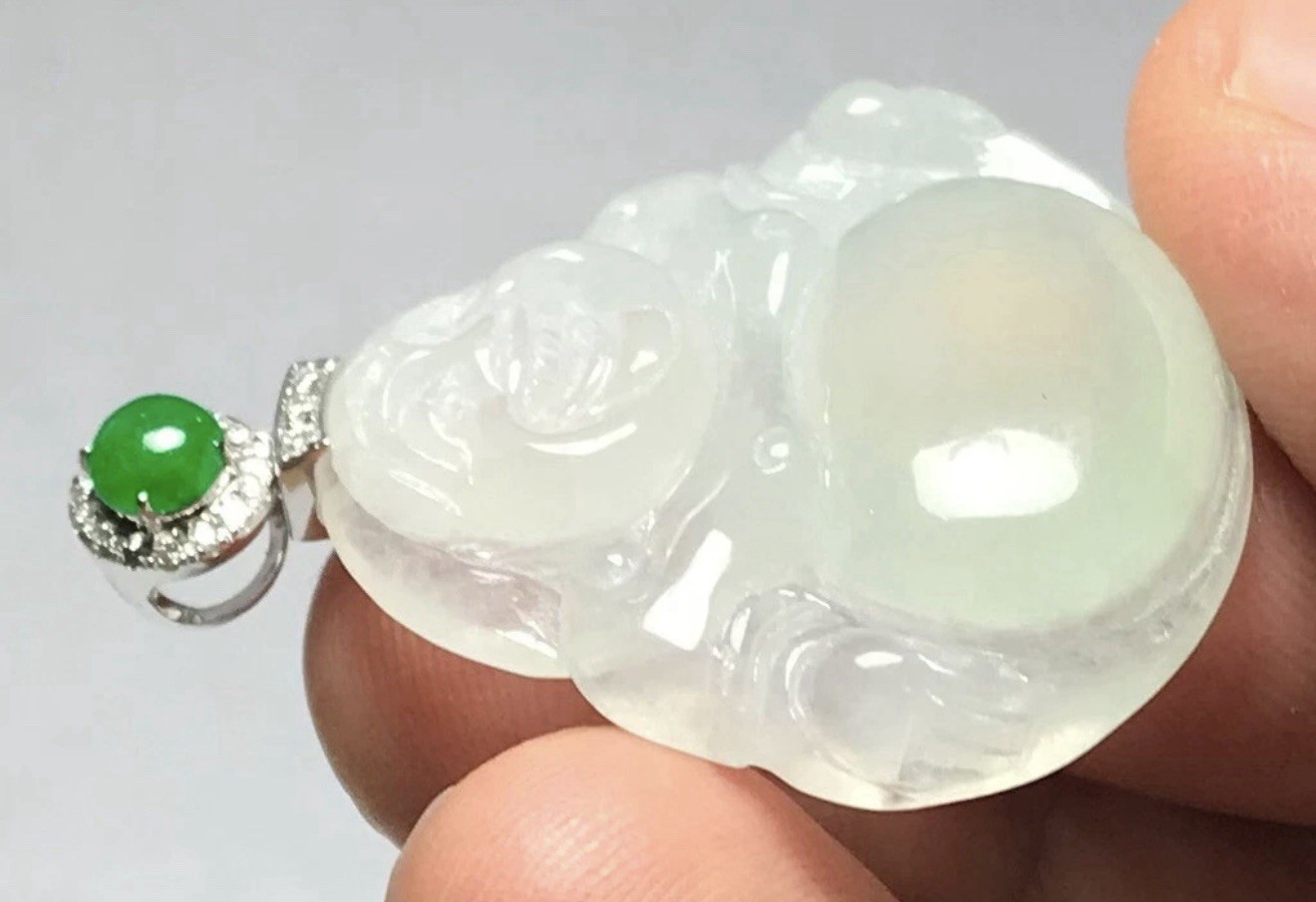 Certified Type A Icy Jadeite Happy Buddha Pendant 18K White Gold Diamond Bail