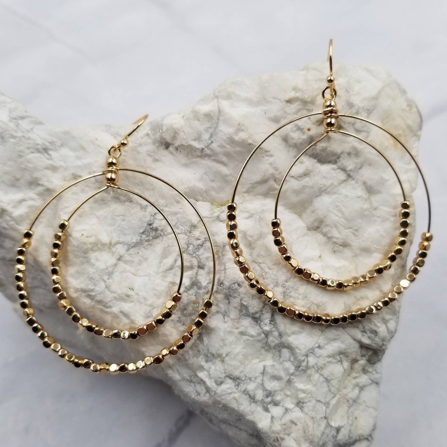 Gold Tone Metal Beaded Double Circle Hoop Earrings