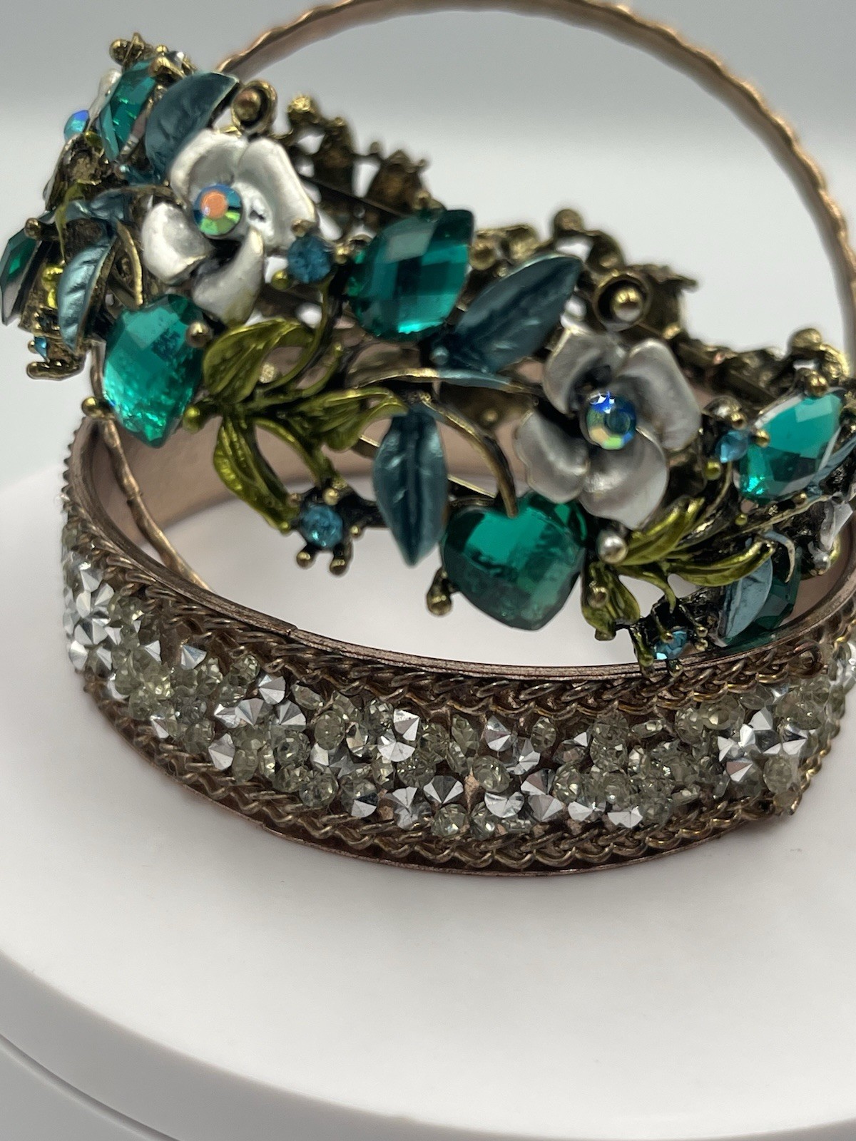 Crystal Rhinestone Cocktail Bracelet Bangle Flower Stretch Leaf Metal W/2 EXTRA